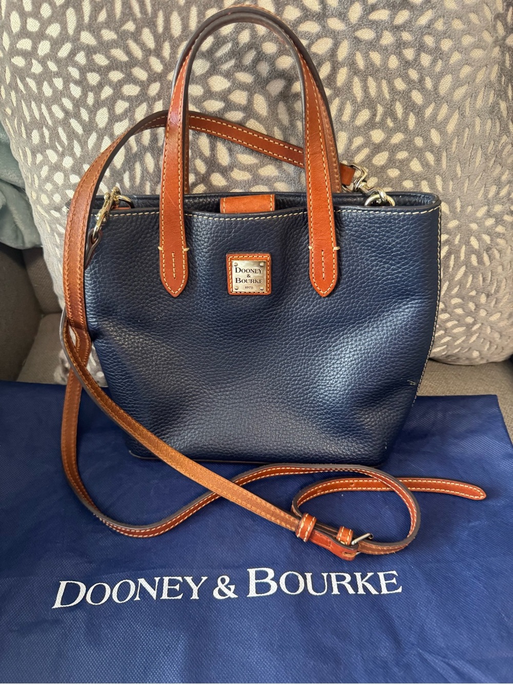 Dooney & Bourke Navy Pebble Leather Crossbody with Brown Trim